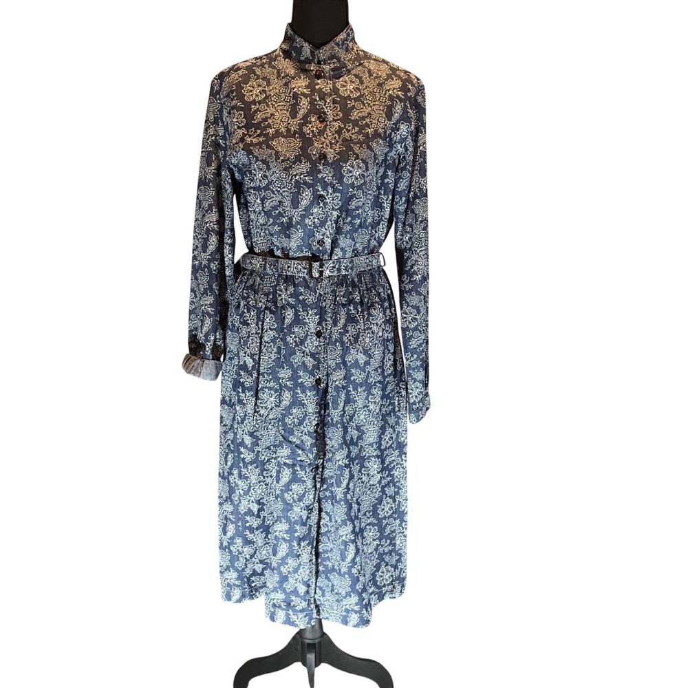 Ines de la Fressange Uniqlo Blue Floral Paisley Denim Midi Shirt Dress Belted M